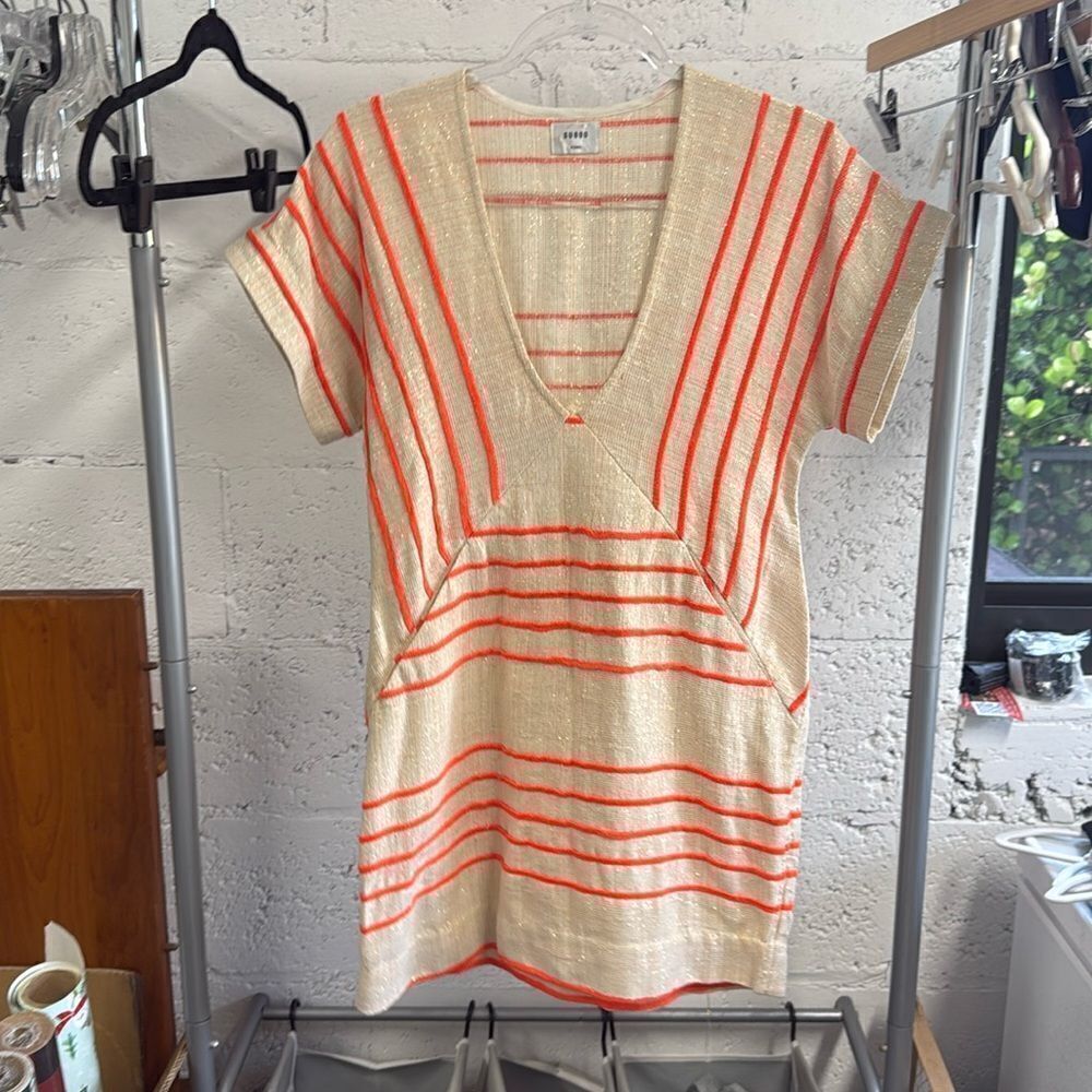 Tan and Neon Orange Striped Dress - Short Sleeve - Like New - Size XS - SUBOO